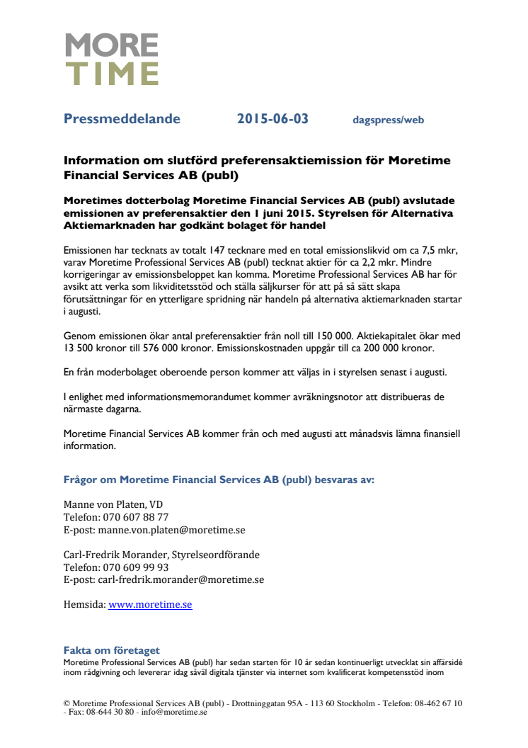 Information om slutförd preferensaktiemission för Moretime Financial Services AB (publ)