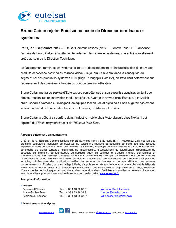 ​​​Bruno Cattan rejoint Eutelsat au poste de Directeur terminaux et systèmes