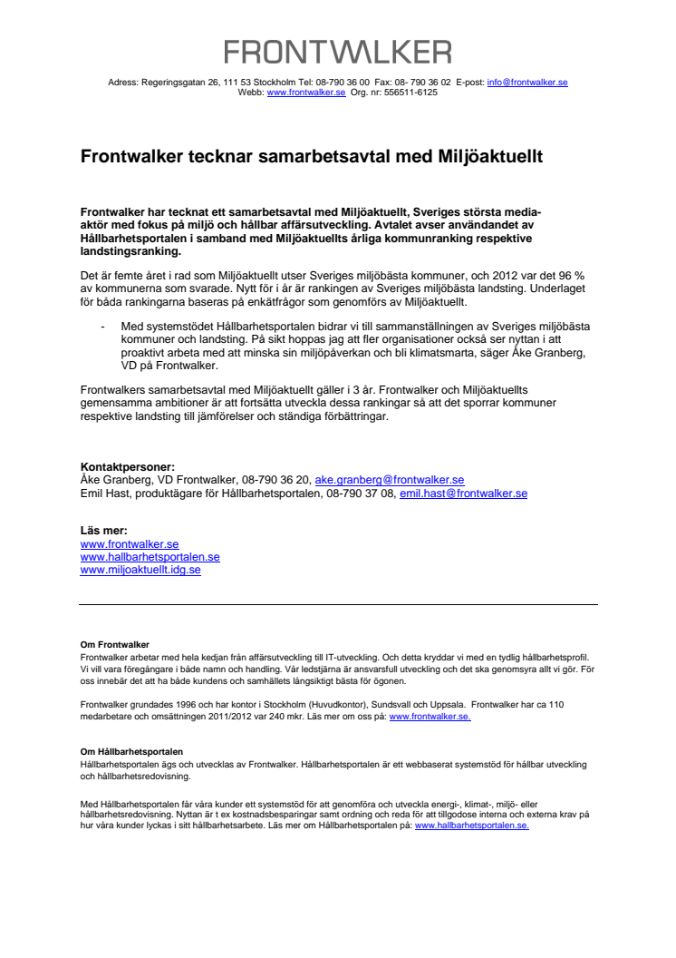 Frontwalker tecknar samarbetsavtal med Miljöaktuellt