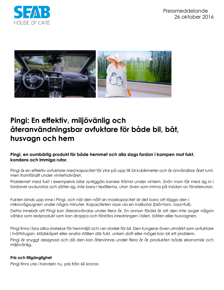 Pingi: En effektiv, miljövänlig och återanvändningsbar avfuktare för både bil, båt, husvagn och hem