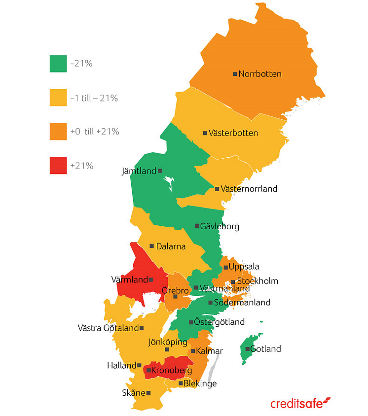 Creditsafes konkursbarometer efter första halvåret 2016 (karta)