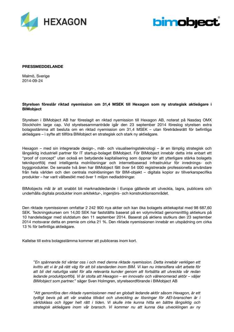 Styrelsen föreslår riktad nyemission om 31,4 MSEK till Hexagon som ny strategisk aktieägare i BIMobject 