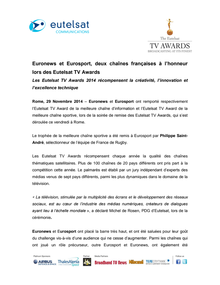 Euronews et Eurosport, deux chaînes françaises à l’honneur lors des Eutelsat TV Awards