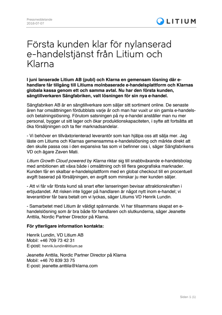 Första kunden klar för nylanserad  e-handelstjänst från Litium och Klarna 