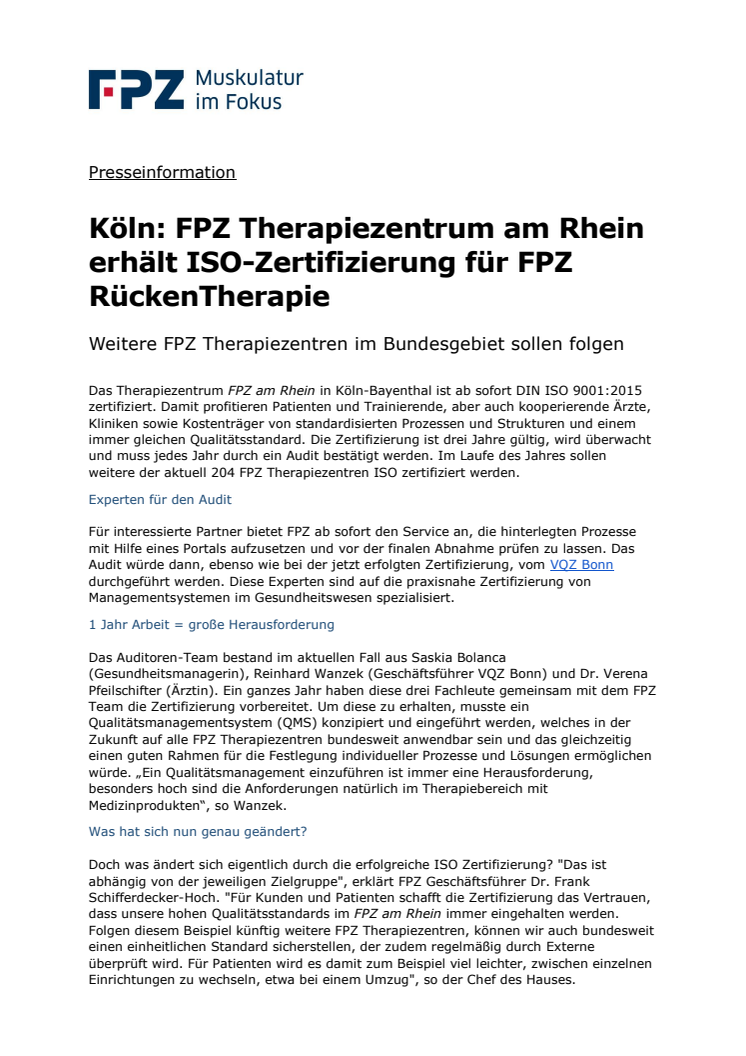 Köln: FPZ Therapiezentrum am Rhein erhält ISO-Zertifizierung für FPZ RückenTherapie - Weitere FPZ Therapiezentren im Bundesgebiet sollen folgen