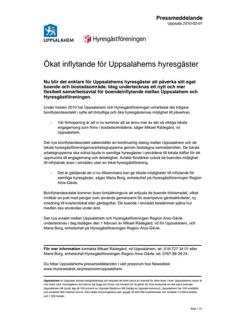 Ökat inflytande för Uppsalahems hyresgäster