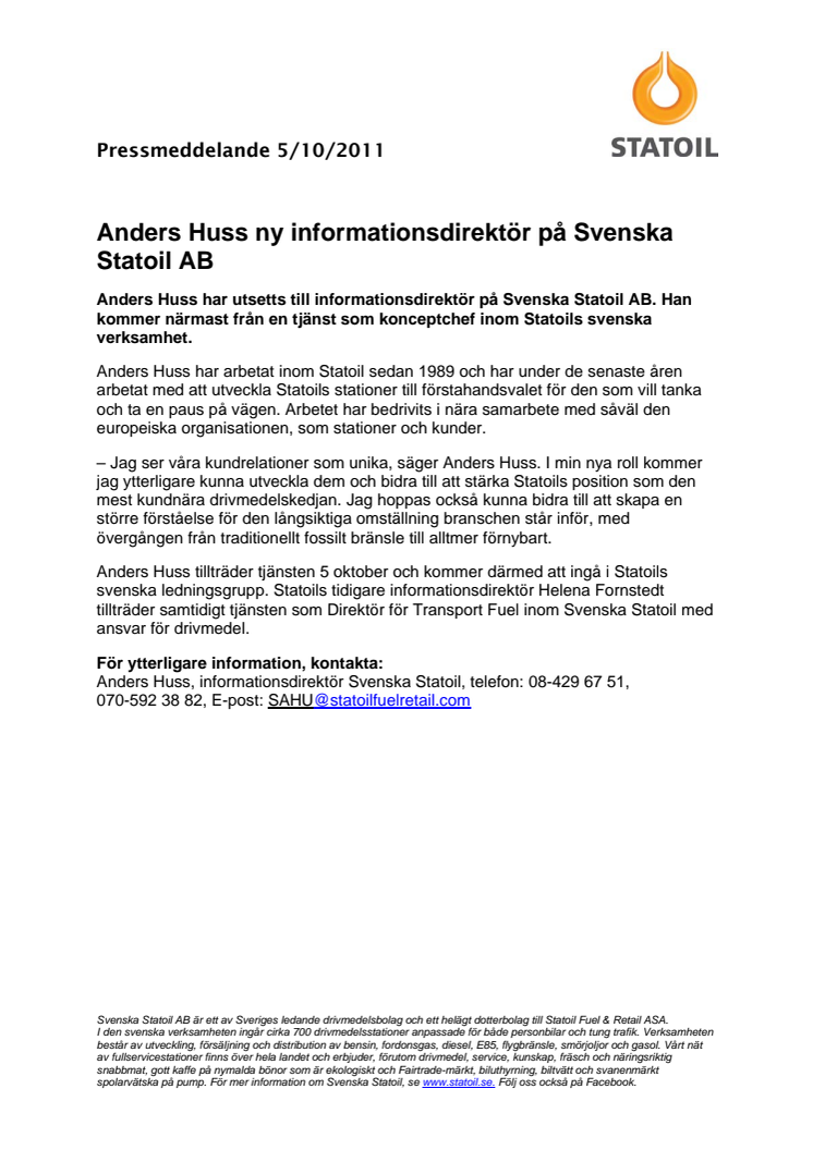 Anders Huss ny informationsdirektör på Svenska Statoil AB