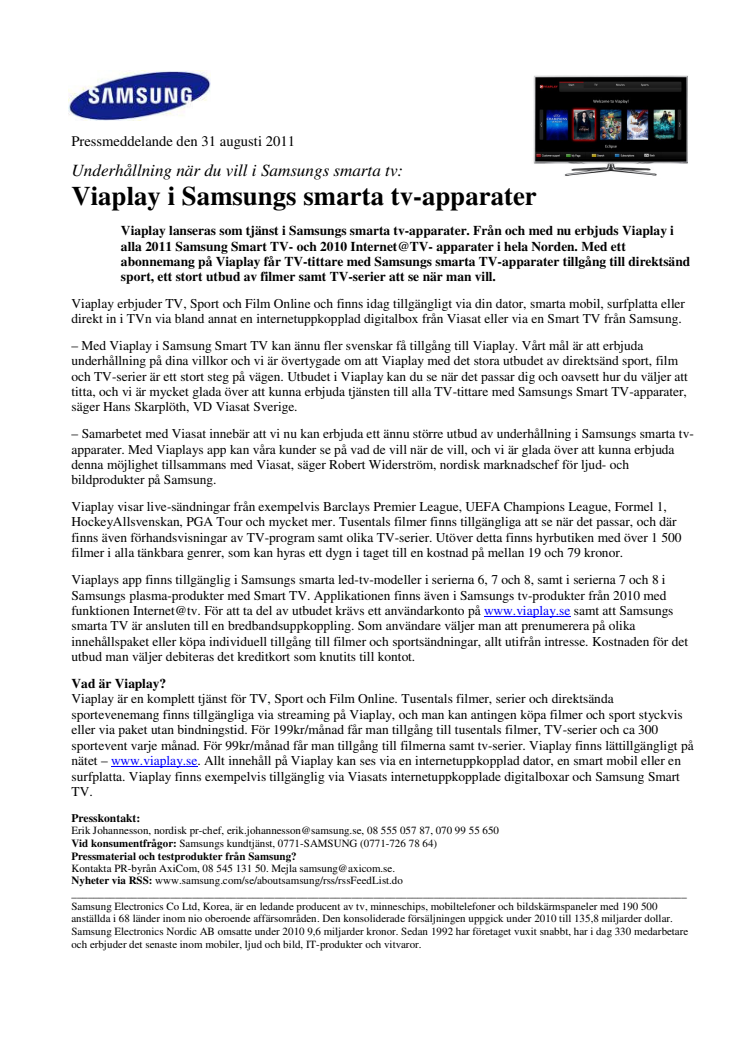 Viaplay i Samsungs smarta tv-apparater