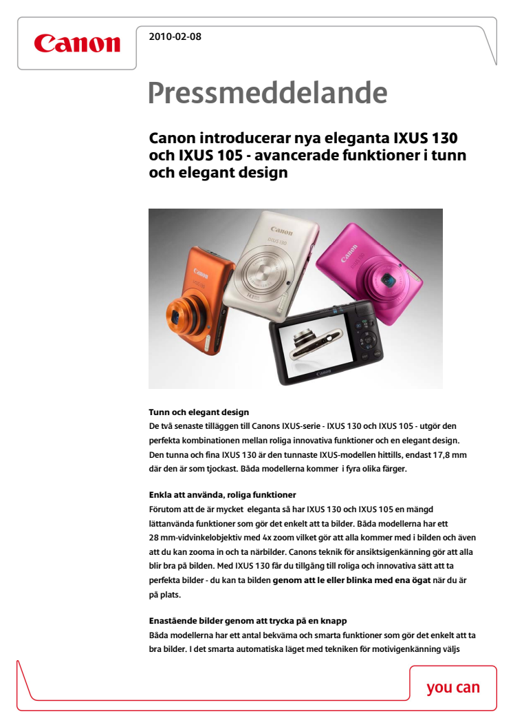 Canon introducerar nya eleganta IXUS 130 och IXUS 105 - avancerade funktioner i tunn och elegant design