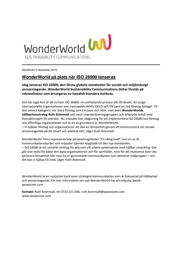 WonderWorld på plats när ISO 26000 lanseras