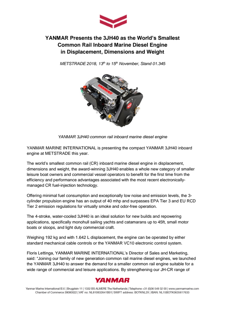YANMAR Presents the 3JH40 as the World’s Smallest Common Rail Inboard Marine Diesel Engine in Displacement, Dimensions and Weight