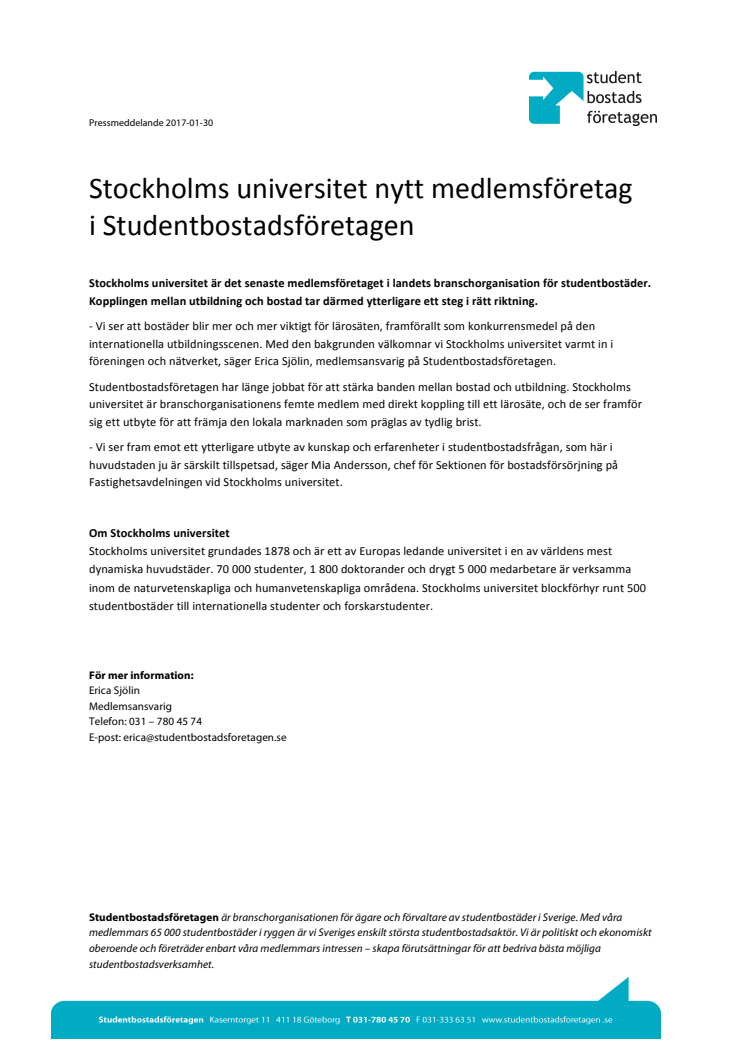 ​Stockholms universitet nytt medlemsföretag  i Studentbostadsföretagen