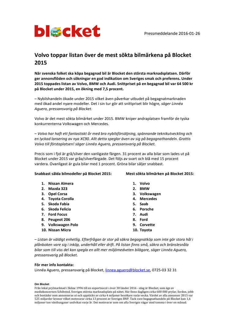 ​Volvo toppar listan över de mest sökta bilmärkena på Blocket 2015
