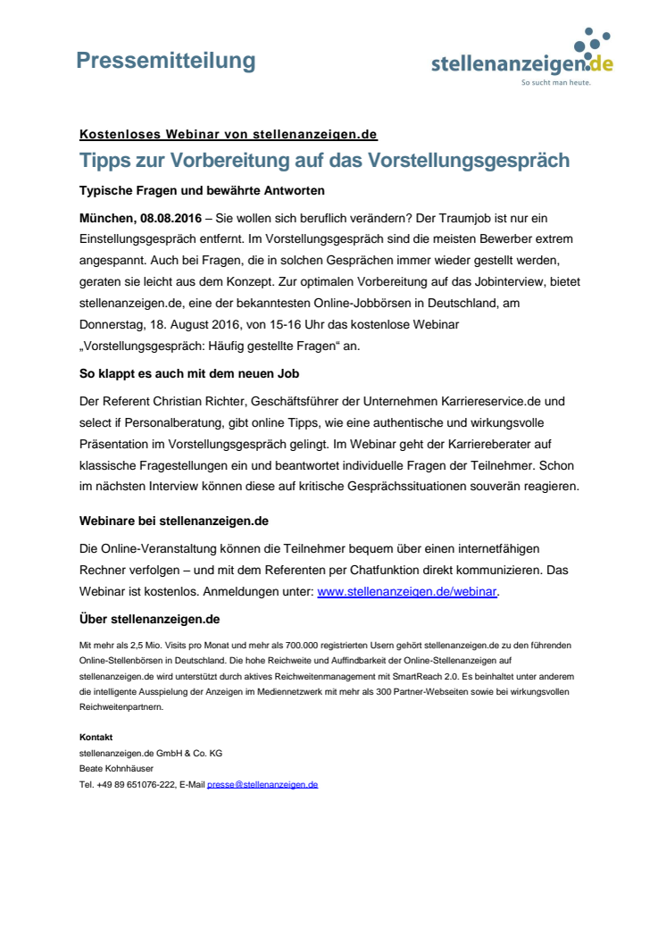 Kostenloses Webinar von stellenanzeigen.de: Tipps zur Vorbereitung auf das Vorstellungsgespräch