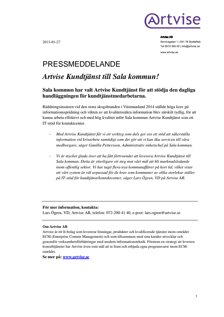 Artvise Kundtjänst till Sala kommun!
