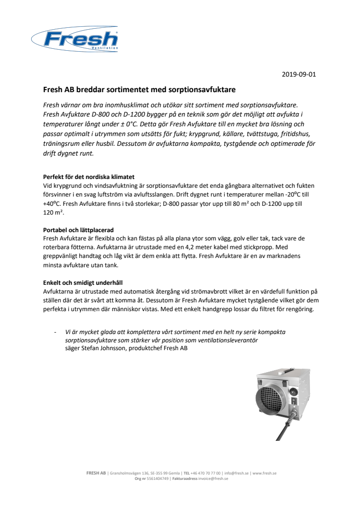Fresh AB breddar sortimentet med sorptionsavfuktare
