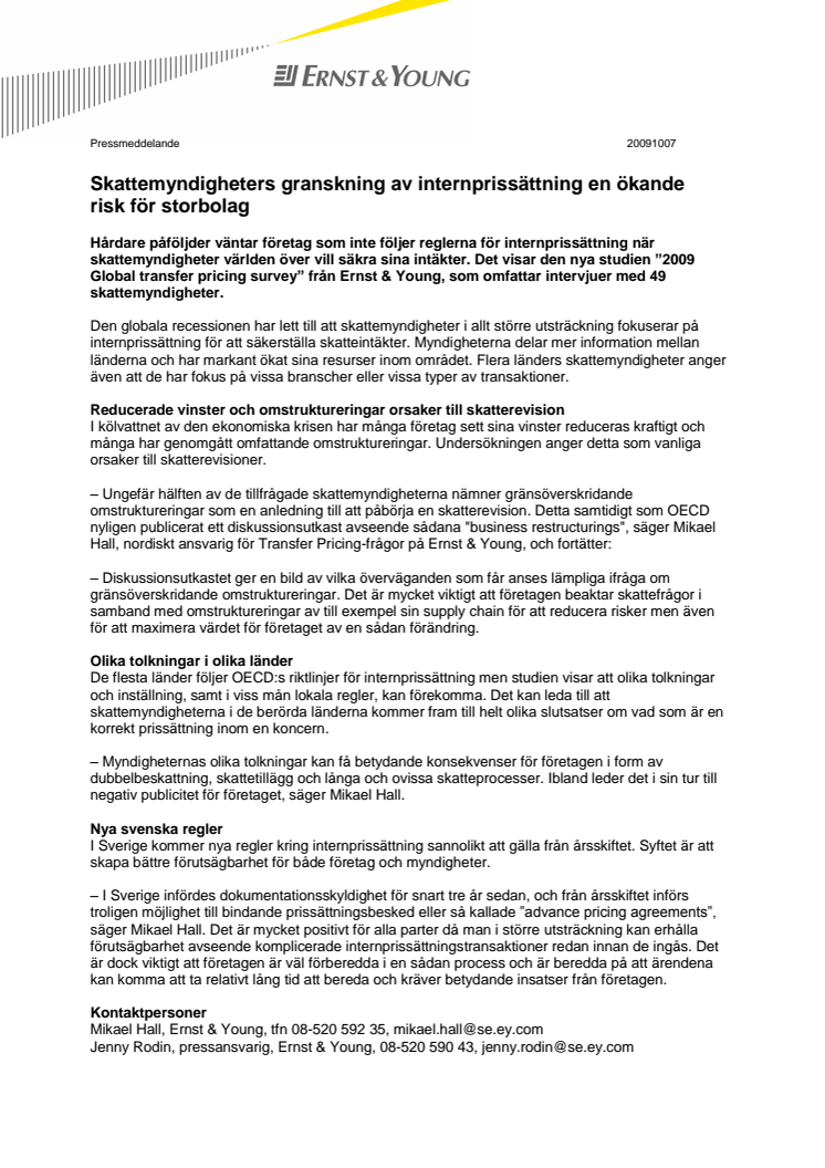 Skattemyndigheters granskning av internprissättning en ökande risk för storbolag