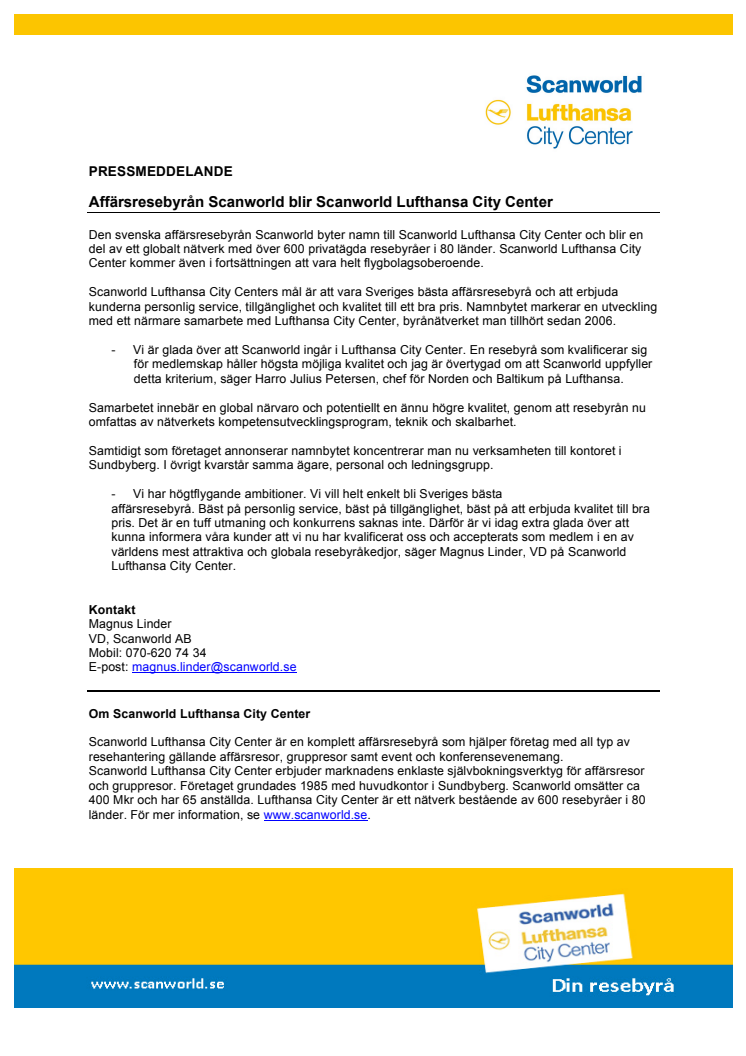 Affärsresebyrån Scanworld blir Scanworld Lufthansa City Center