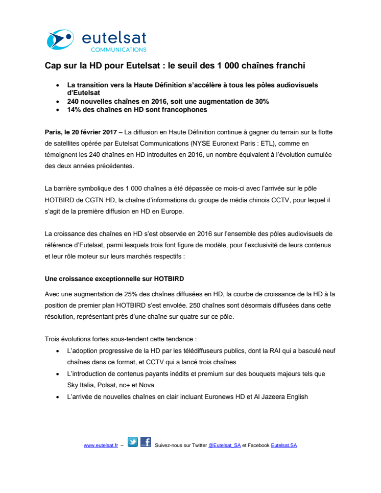 Cap sur la HD pour Eutelsat : le seuil des 1 000 chaînes franchi