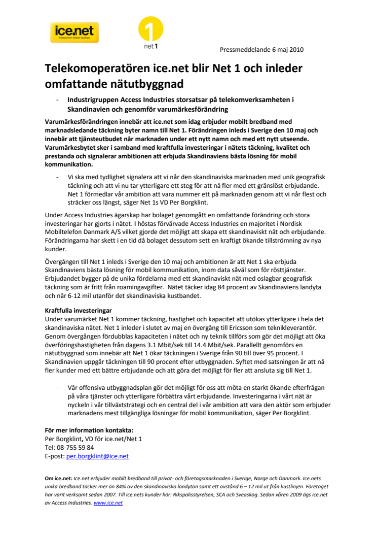 Telekomoperatören ice.net blir Net 1 och inleder  omfattande nätutbyggnad