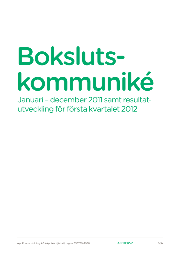 Bokslutskommuniké januari - december 2011 samt resultatutveckling för första kvartalet 2012