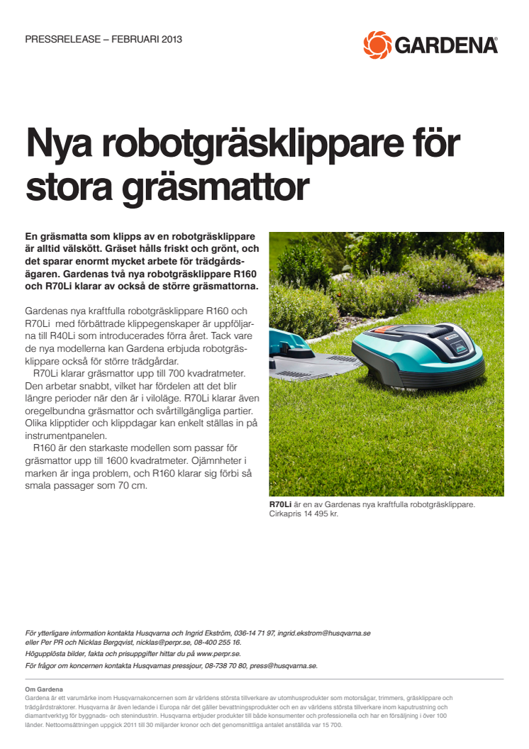 Nya robotgräsklippare för stora gräsmattor