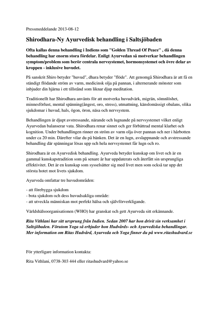 Shirodhara-Ny Ayurvedisk behandling i Saltsjöbaden