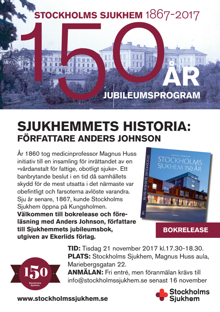Inbjudan till presentation av boken Stockholms Sjukhem 150 år
