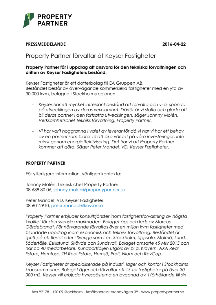 Property Partner förvaltar åt Keyser Fastigheter