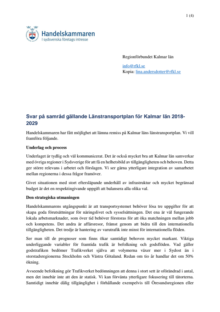 Svar på samråd gällande Länstransportplan för Kalmar län 2018-2029