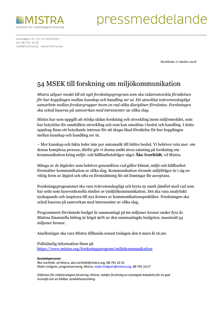 Utlysning - 54 MSEK till forskning om miljökommunikation