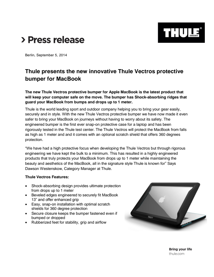 Thule presents the new innovative Thule Vectros protective bumper for MacBook