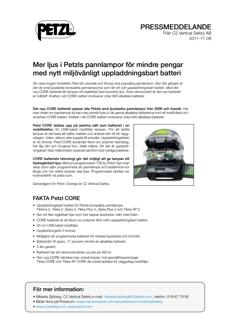 Mer ljus i Petzls pannlampor för mindre pengar med nytt miljövänligt uppladdningsbart batteri