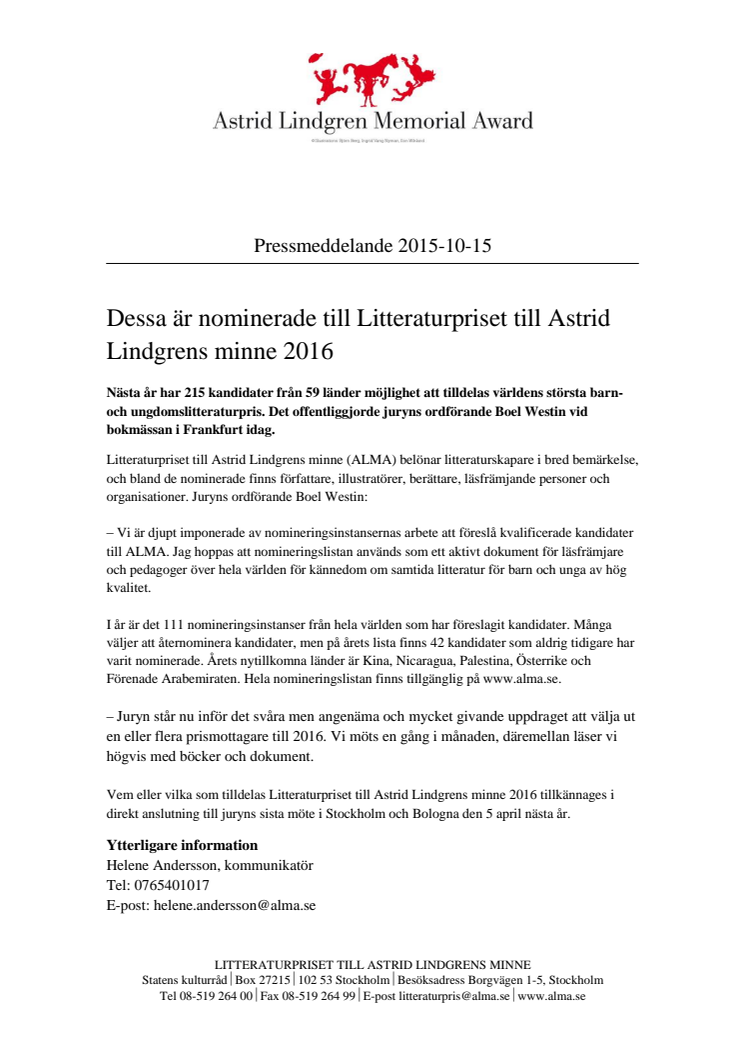 Dessa är nominerade till Litteraturpriset till Astrid Lindgrens minne 2016