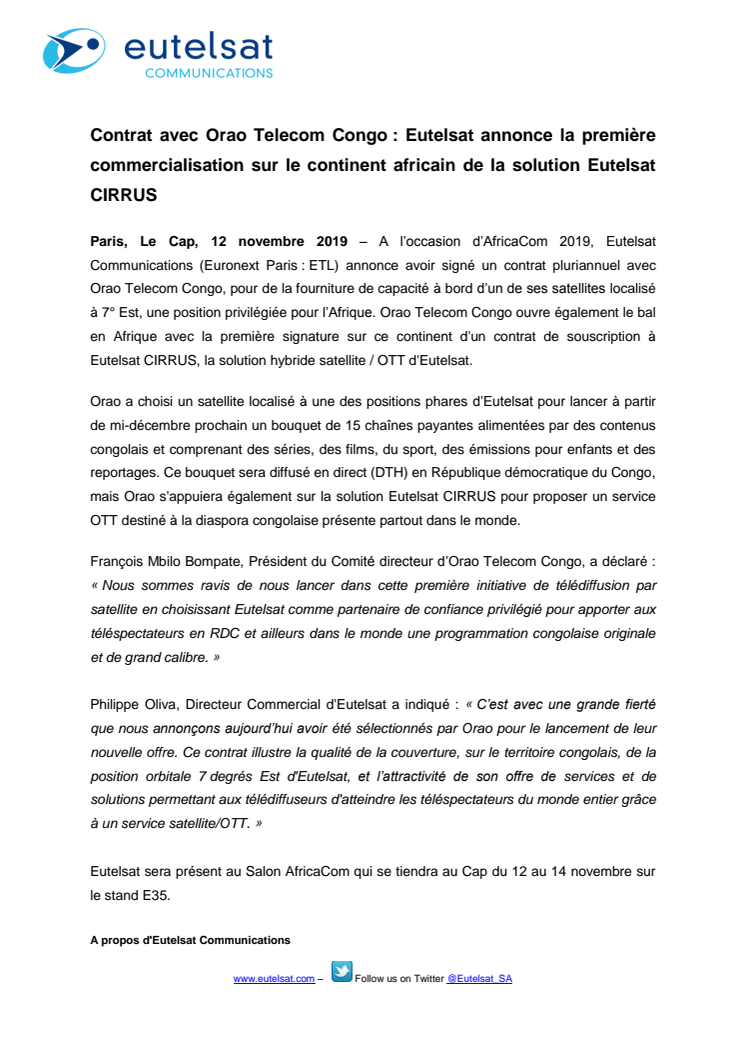 Contrat avec Orao Telecom Congo : Eutelsat annonce la première commercialisation sur le continent africain de la solution Eutelsat CIRRUS