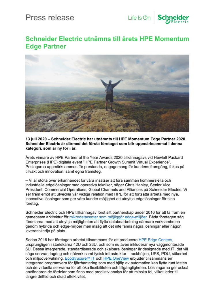 Schneider Electric utnämns till årets HPE Momentum Edge Partner