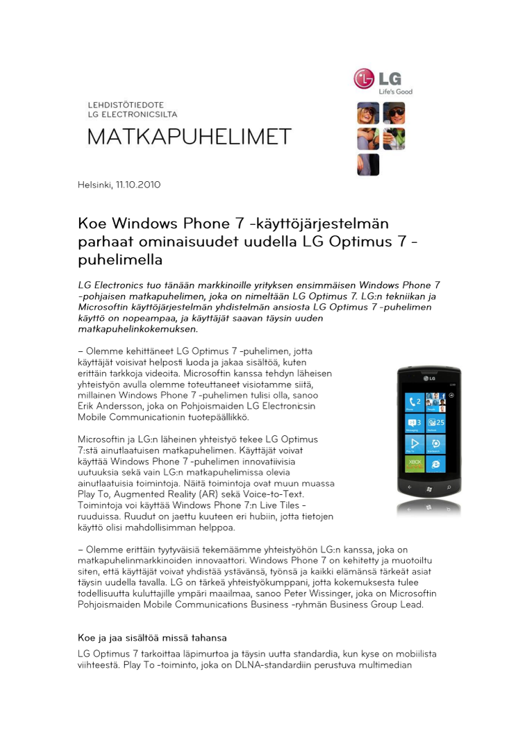 Koe Windows Phone 7 -käyttöjärjestelmän parhaat ominaisuudet uudella LG Optimus 7 -puhelimella