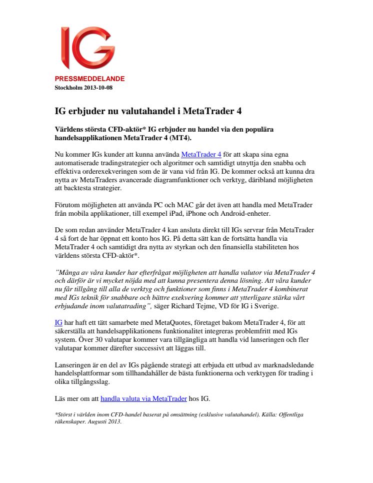 IG erbjuder nu valutahandel i MetaTrader 4