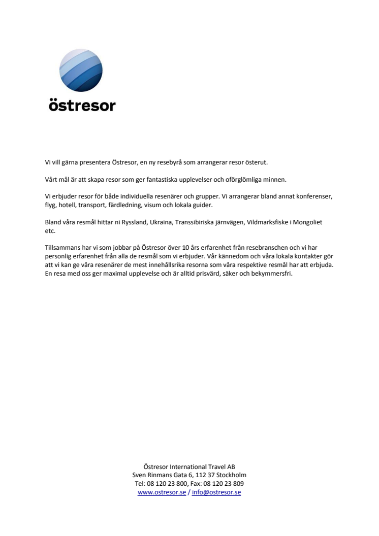 Östresor, en ny resebyrå som arrangerar resor österut