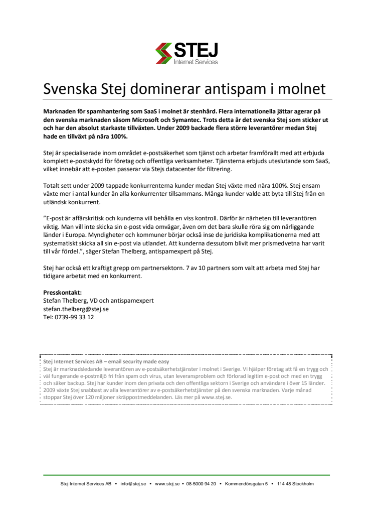 Svenska Stej dominerar antispam i molnet