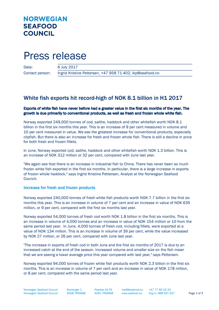 Norwegian whitefish exports hit record-high of NOK 8.1 billion in H1 2017