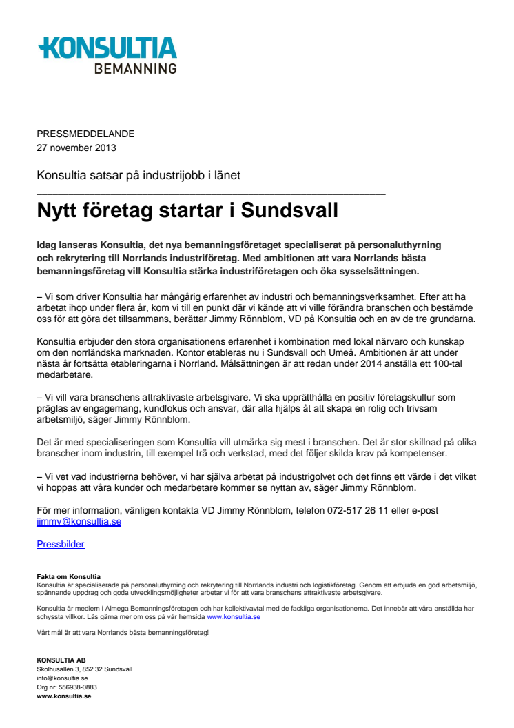 Konsultia satsar på industrijobb i länet - Nytt företag startar i Sundsvall