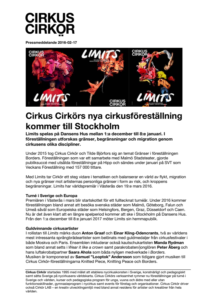 Cirkus Cirkörs nya cirkusföreställning kommer till Stockholm