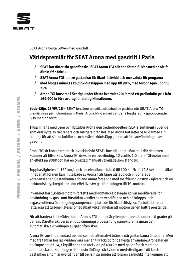 Världspremiär för SEAT Arona med gasdrift i Paris