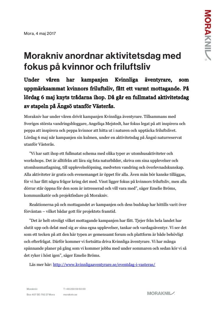 Morakniv anordnar aktivitetsdag med fokus på kvinnor och friluftsliv
