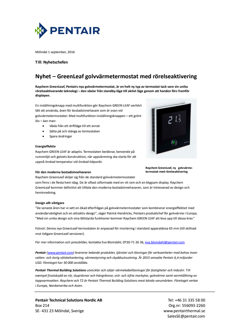 Nyhet – GreenLeaf golvvärmetermostat med rörelseaktivering 