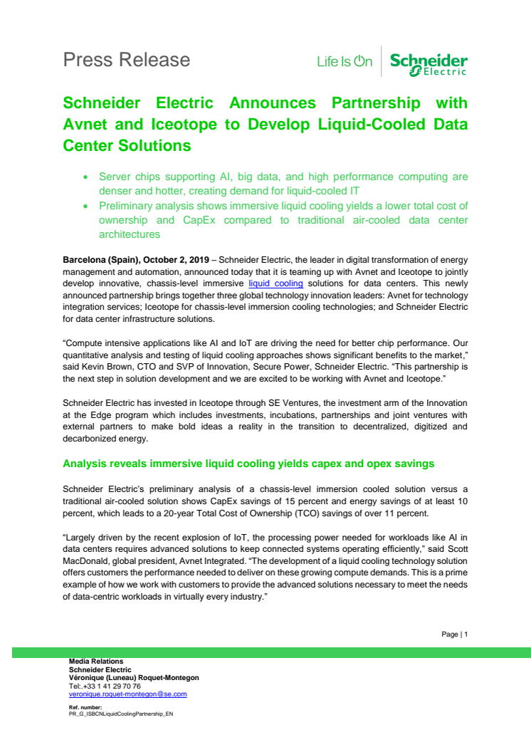 Schneider Electric Announces Partnership with Avnet and Iceotope to Develop Liquid-Cooled Data Center Solutions