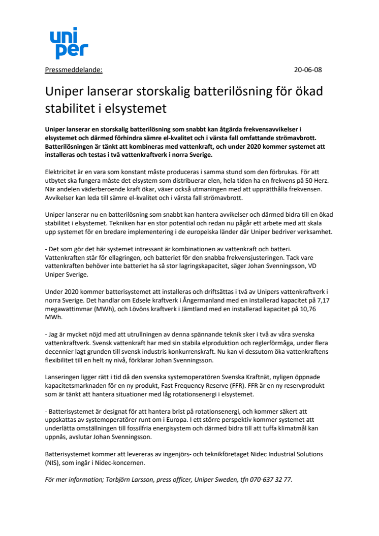 Uniper lanserar storskalig batterilösning för ökad stabilitet i elsystemet 