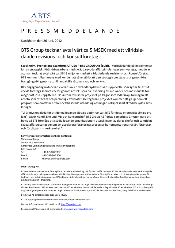 BTS Group tecknar avtal värt ca 5 MSEK med ett världsledande revisions- och konsultföretag