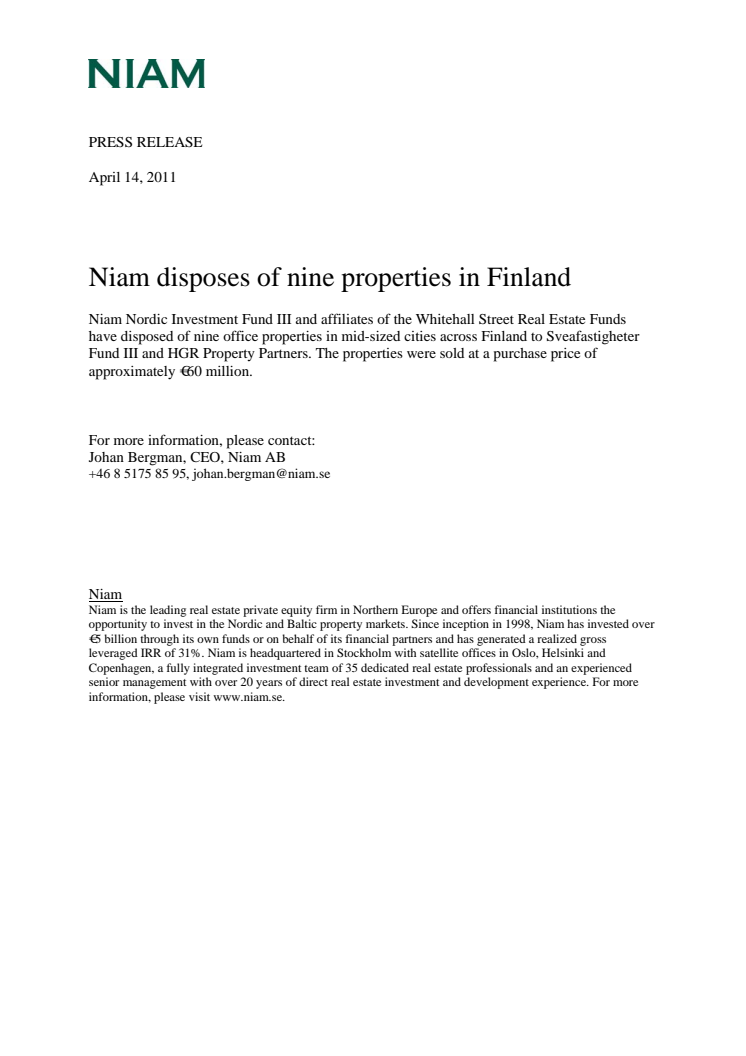 Niam disposes of nine properties in Finland